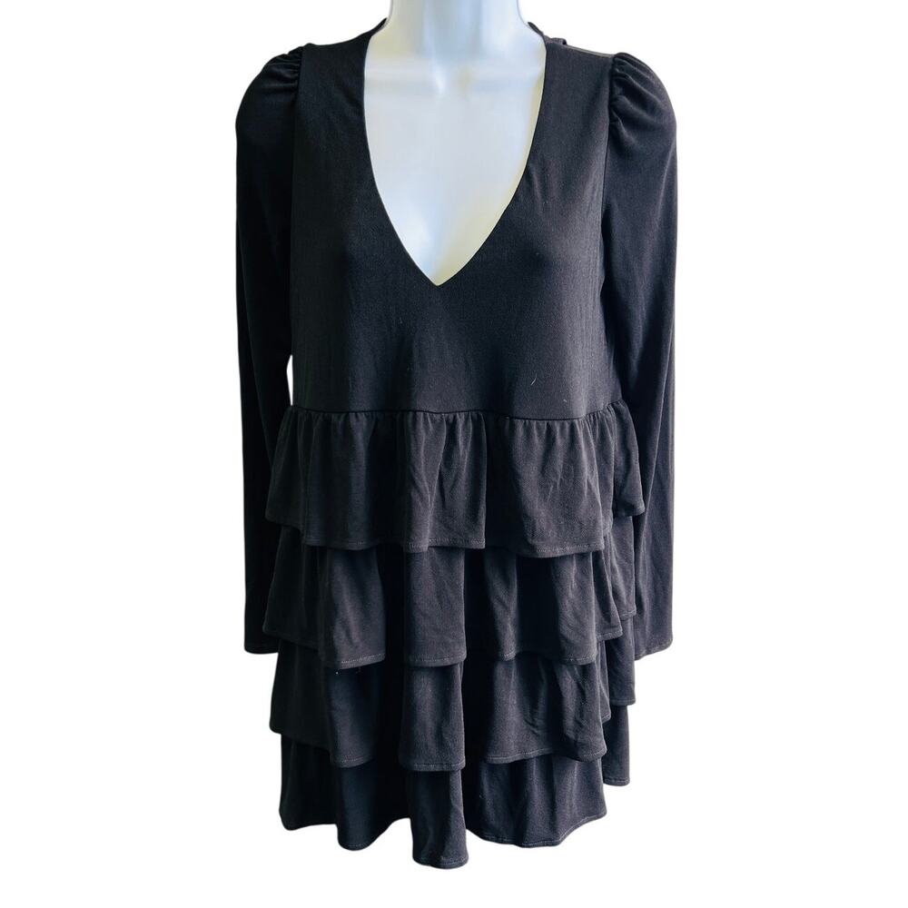 Show Me Your Mumu XS Black Ruffle Mini Dress Y2K Babydoll Long Sleeve Chic